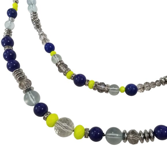 Loft Rope Necklace w/Crystals, Blue and Lime Green Beads on a Chrome Chain - Picture 11 of 13